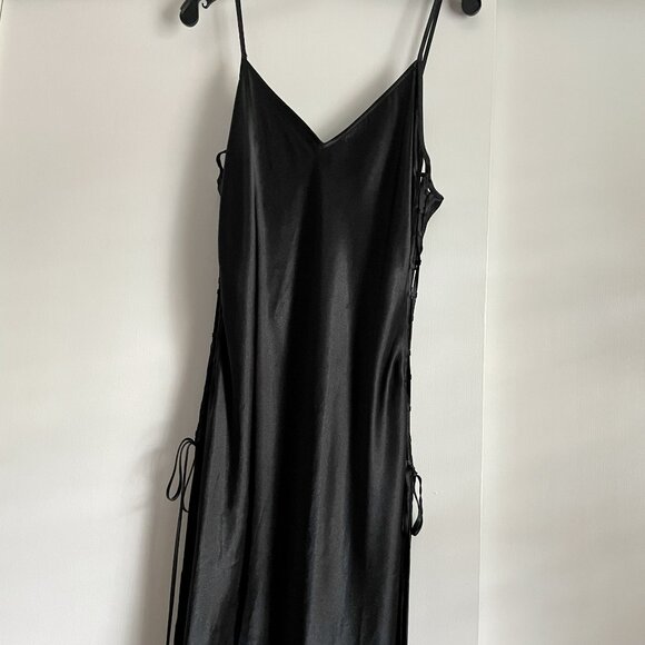 Victoria’s Secret VTG Satin Maxi Slip Dress Size L Black Gown Open Lace Up Sides - Picture 5 of 14